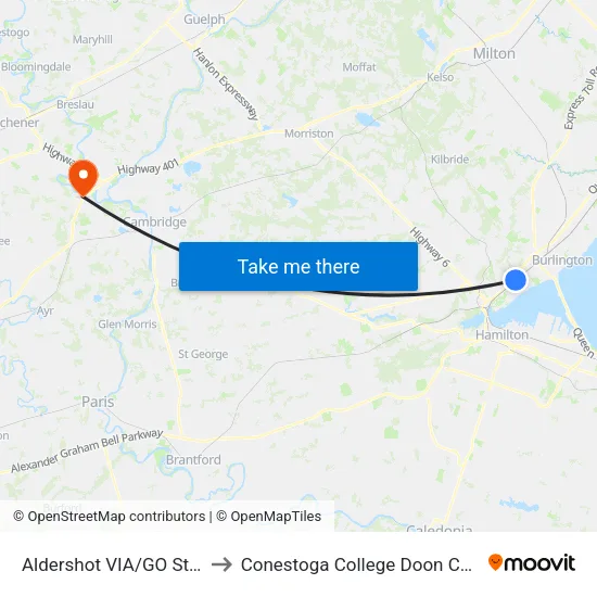 Aldershot VIA/GO Station to Conestoga College Doon Campus map
