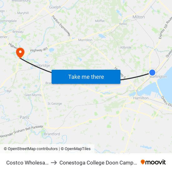 Costco Wholesale to Conestoga College Doon Campus map