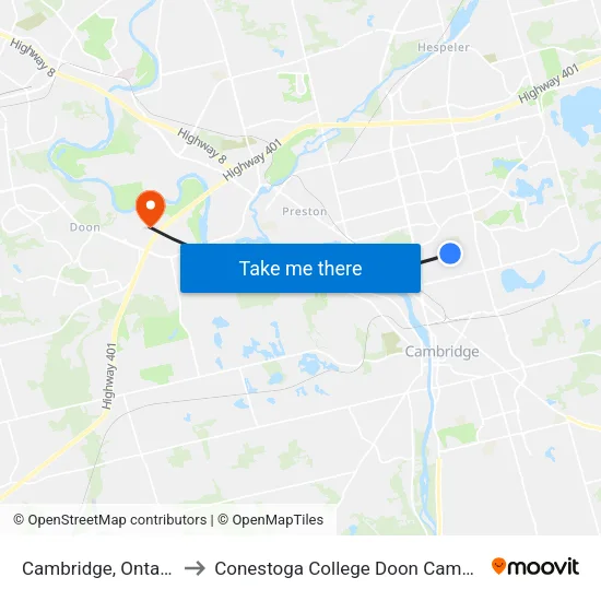 Cambridge, Ontario to Conestoga College Doon Campus map