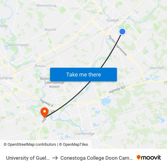 University of Guelph to Conestoga College Doon Campus map