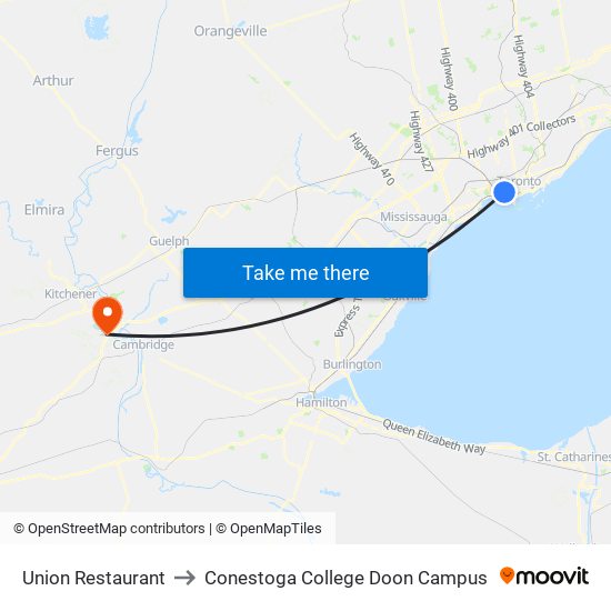 Union Restaurant to Conestoga College Doon Campus map