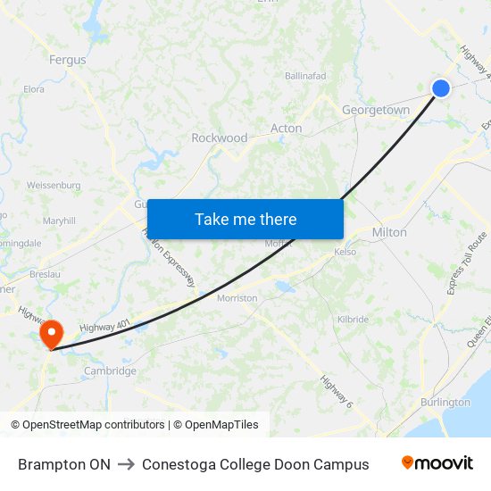 Brampton ON to Conestoga College Doon Campus map