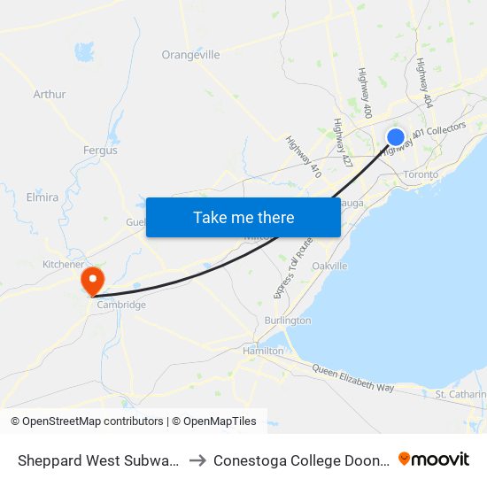 Sheppard West Subway Station to Conestoga College Doon Campus map