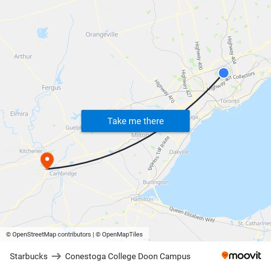 Starbucks to Conestoga College Doon Campus map