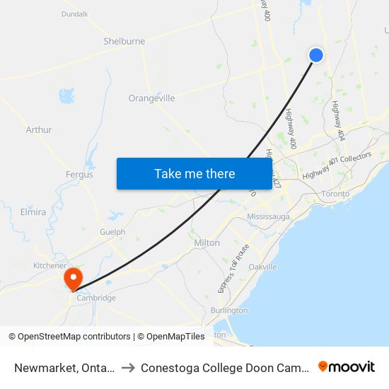 Newmarket, Ontario to Conestoga College Doon Campus map