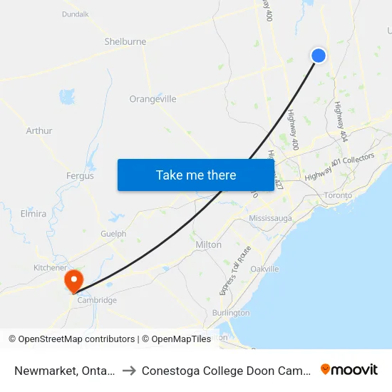 Newmarket, Ontario to Conestoga College Doon Campus map