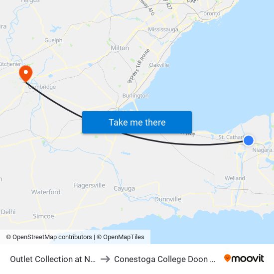 Outlet Collection at Niagara to Conestoga College Doon Campus map