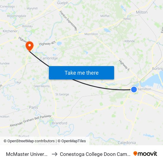 McMaster University to Conestoga College Doon Campus map