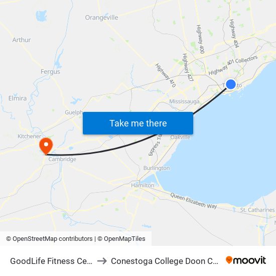 GoodLife Fitness Centres to Conestoga College Doon Campus map