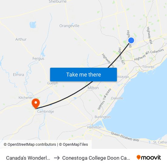 Canada's Wonderland to Conestoga College Doon Campus map