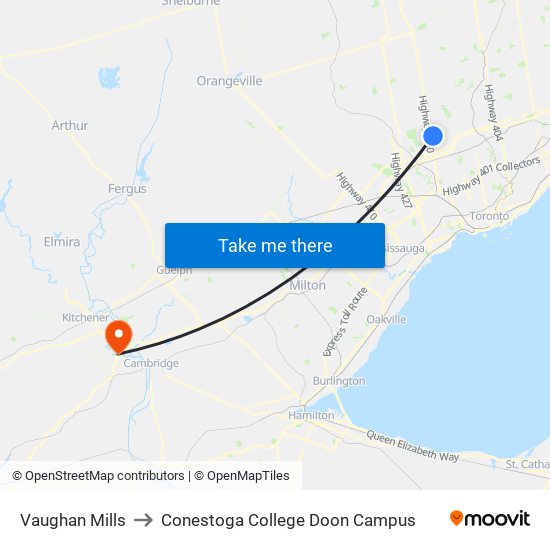 Vaughan Mills to Conestoga College Doon Campus map