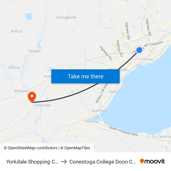 Yorkdale Shopping Centre to Conestoga College Doon Campus map