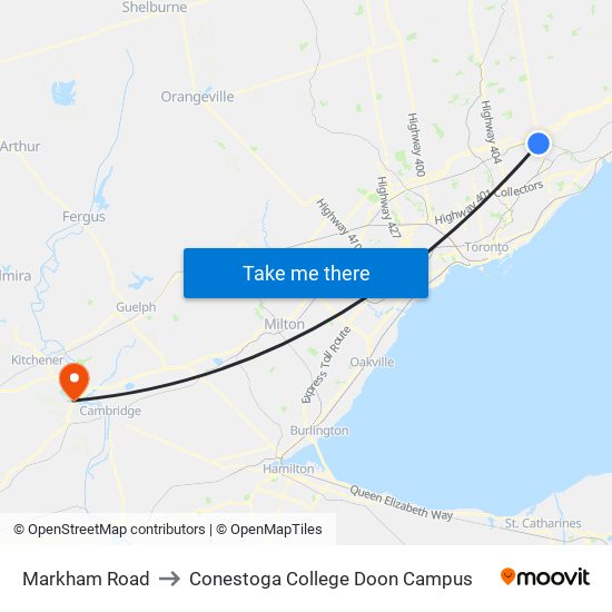 Markham Road to Conestoga College Doon Campus map