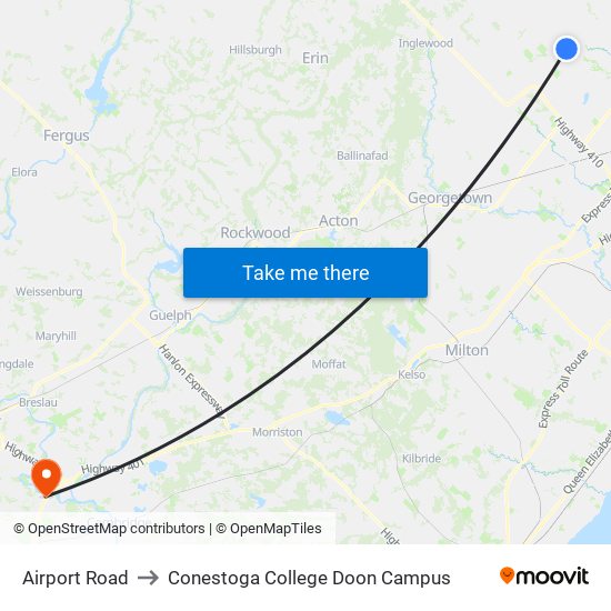 Airport Road to Conestoga College Doon Campus map