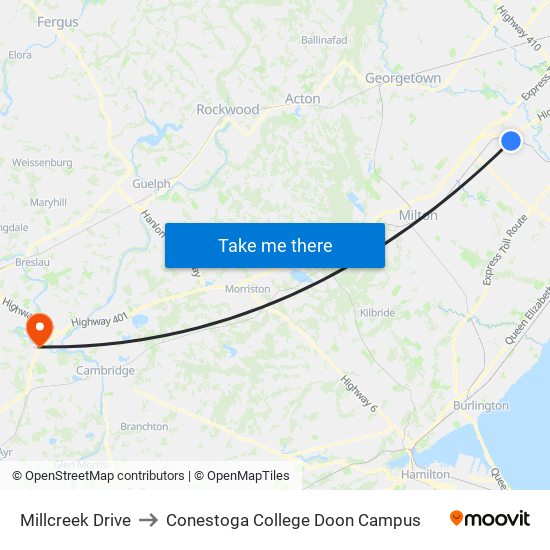 Millcreek Drive to Conestoga College Doon Campus map