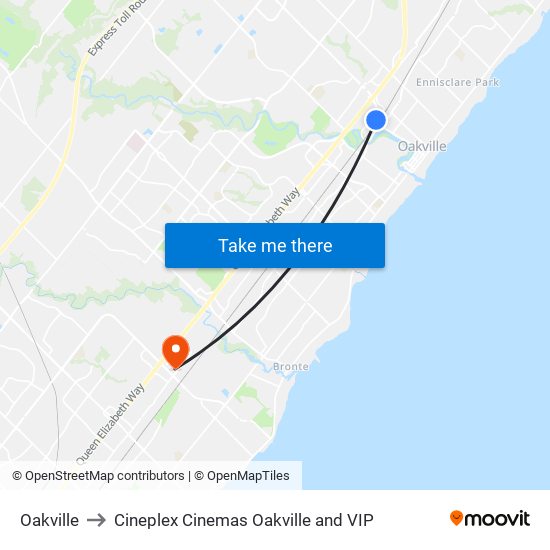 Oakville to Cineplex Cinemas Oakville and VIP map