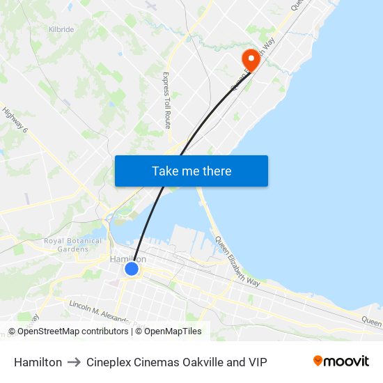 Hamilton to Cineplex Cinemas Oakville and VIP map