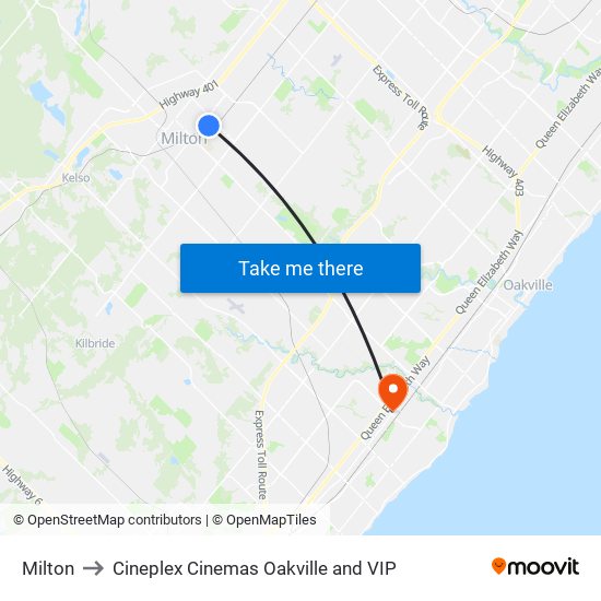 Milton to Cineplex Cinemas Oakville and VIP map