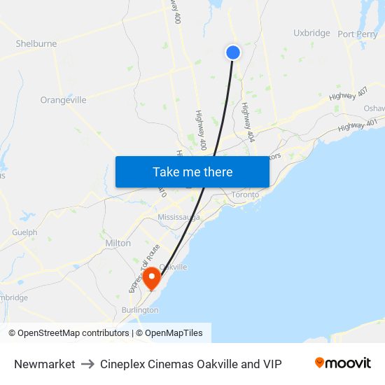Newmarket to Cineplex Cinemas Oakville and VIP map