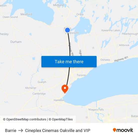 Barrie to Cineplex Cinemas Oakville and VIP map