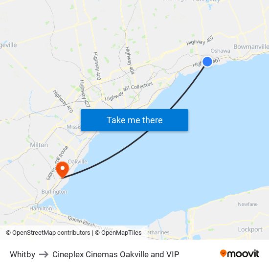 Whitby to Cineplex Cinemas Oakville and VIP map