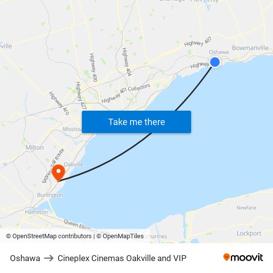 Oshawa to Cineplex Cinemas Oakville and VIP map