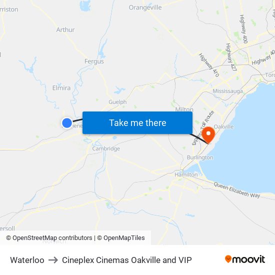 Waterloo to Cineplex Cinemas Oakville and VIP map