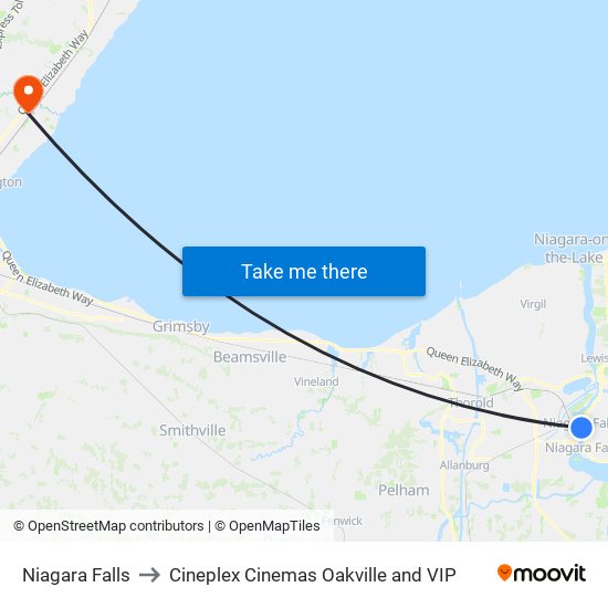 Niagara Falls to Cineplex Cinemas Oakville and VIP map