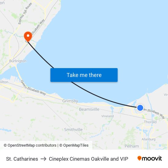 St. Catharines to Cineplex Cinemas Oakville and VIP map