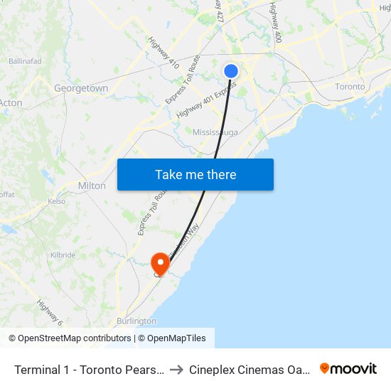 Terminal 1 - Toronto Pearson Int'L Airport to Cineplex Cinemas Oakville and VIP map