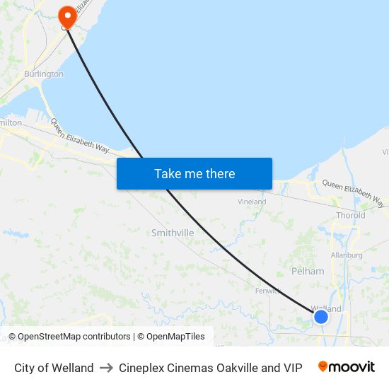 City of Welland to Cineplex Cinemas Oakville and VIP map