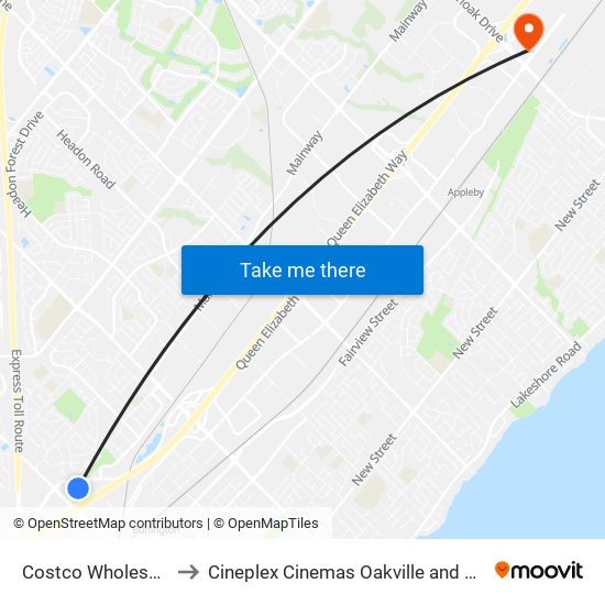 Costco Wholesale to Cineplex Cinemas Oakville and VIP map