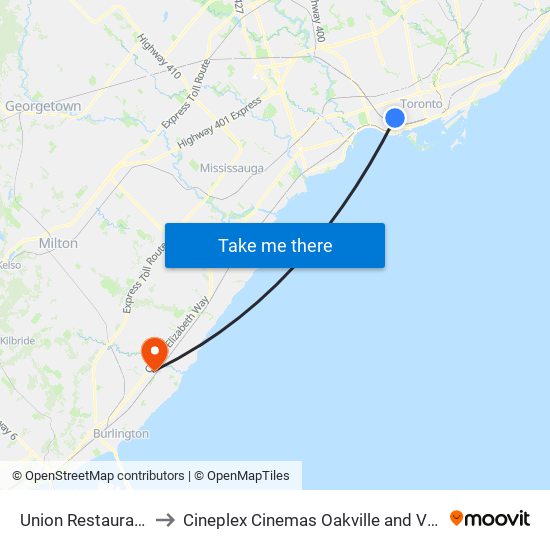 Union Restaurant to Cineplex Cinemas Oakville and VIP map