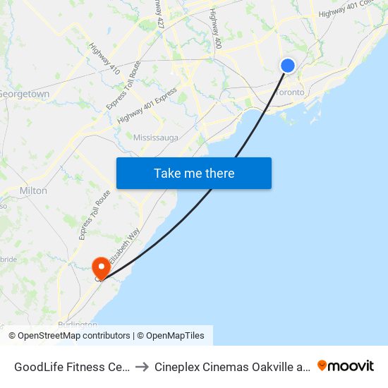GoodLife Fitness Centres to Cineplex Cinemas Oakville and VIP map