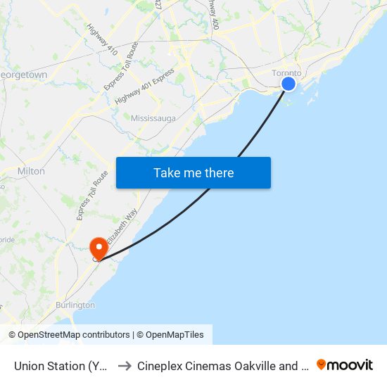 Union Station (YBZ) to Cineplex Cinemas Oakville and VIP map