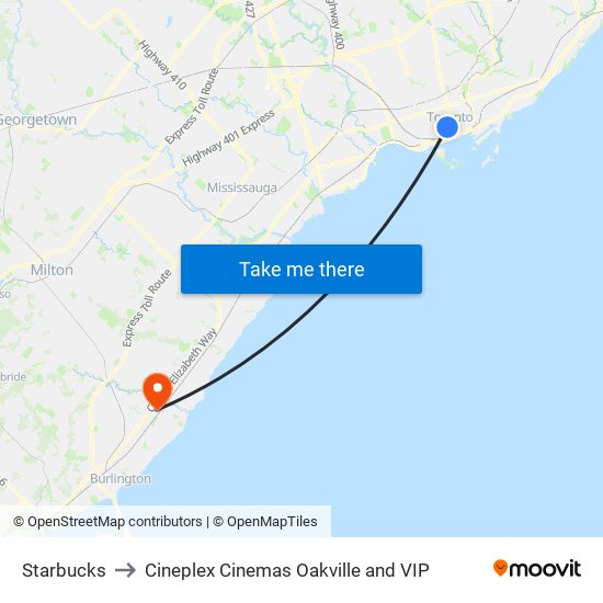 Starbucks to Cineplex Cinemas Oakville and VIP map