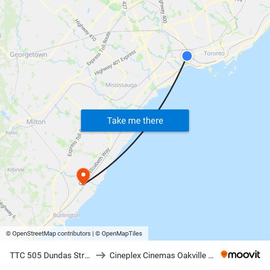 TTC 505 Dundas Streetcar to Cineplex Cinemas Oakville and VIP map