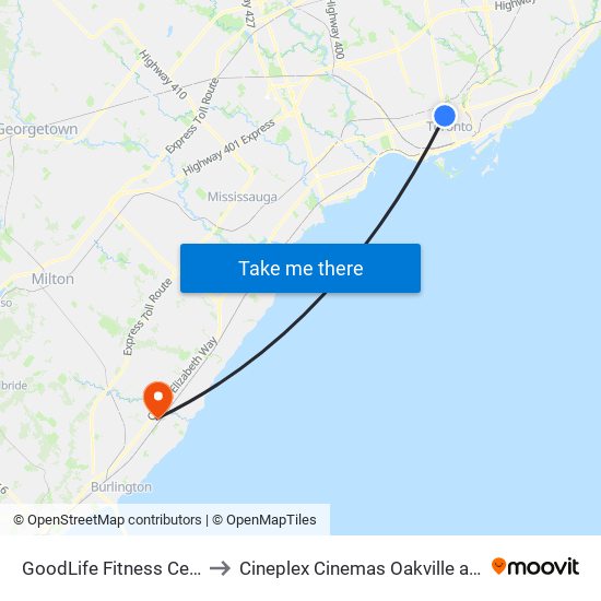 GoodLife Fitness Centres to Cineplex Cinemas Oakville and VIP map