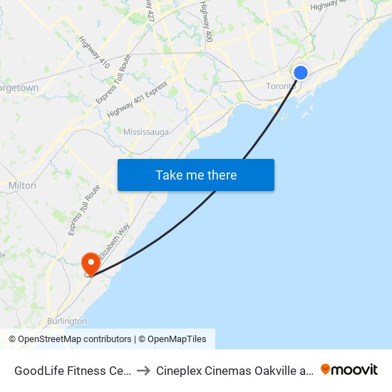 GoodLife Fitness Centres to Cineplex Cinemas Oakville and VIP map