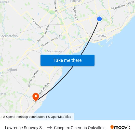 Lawrence Subway Station to Cineplex Cinemas Oakville and VIP map