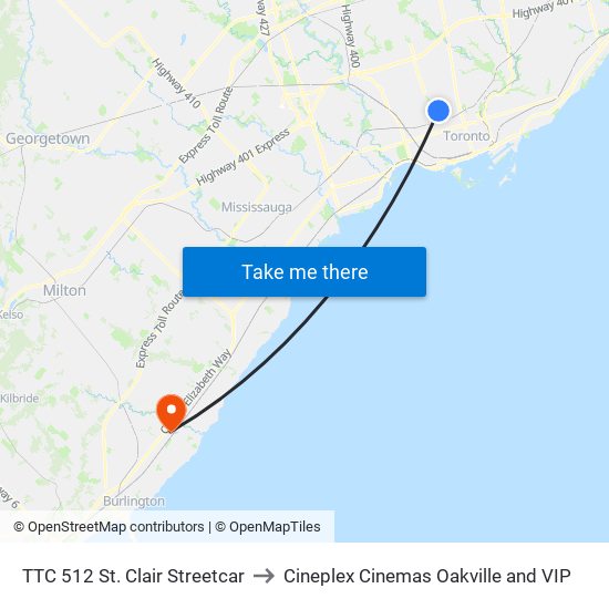 TTC 512 St. Clair Streetcar to Cineplex Cinemas Oakville and VIP map