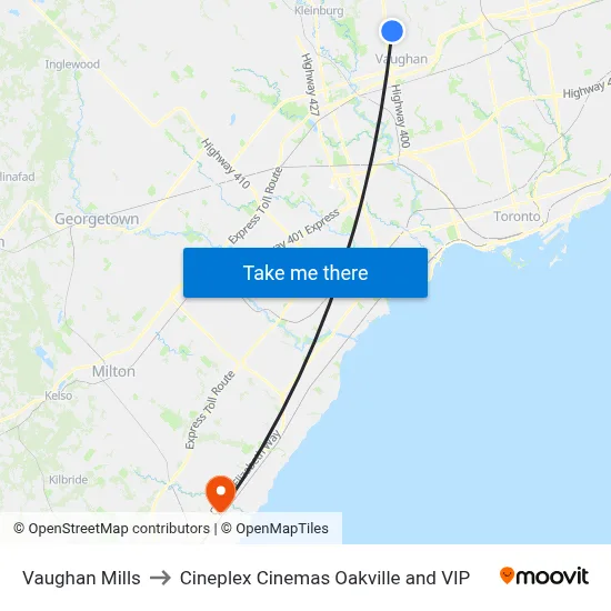 Vaughan Mills to Cineplex Cinemas Oakville and VIP map