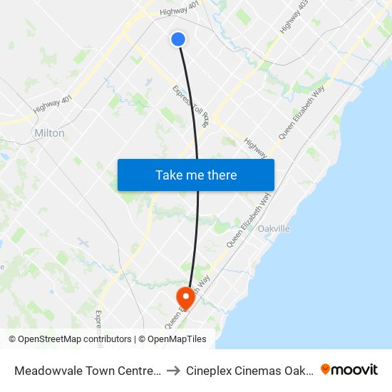 Meadowvale Town Centre Bus Terminal to Cineplex Cinemas Oakville and VIP map