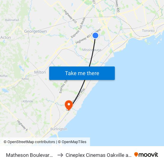 Matheson Boulevard East to Cineplex Cinemas Oakville and VIP map