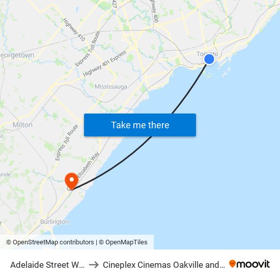 Adelaide Street West to Cineplex Cinemas Oakville and VIP map