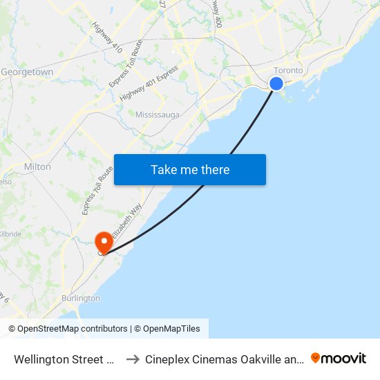 Wellington Street West to Cineplex Cinemas Oakville and VIP map