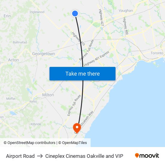 Airport Road to Cineplex Cinemas Oakville and VIP map