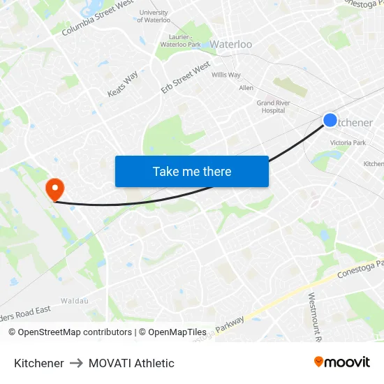 Kitchener to MOVATI Athletic map