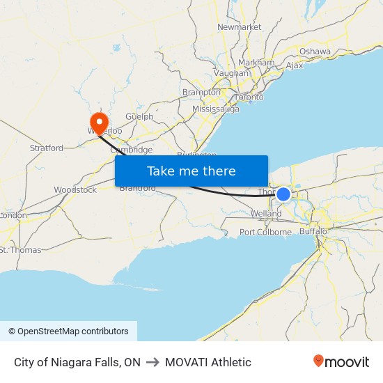 City of Niagara Falls, ON to MOVATI Athletic map