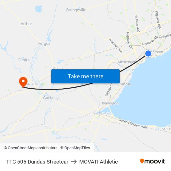 TTC 505 Dundas Streetcar to MOVATI Athletic map